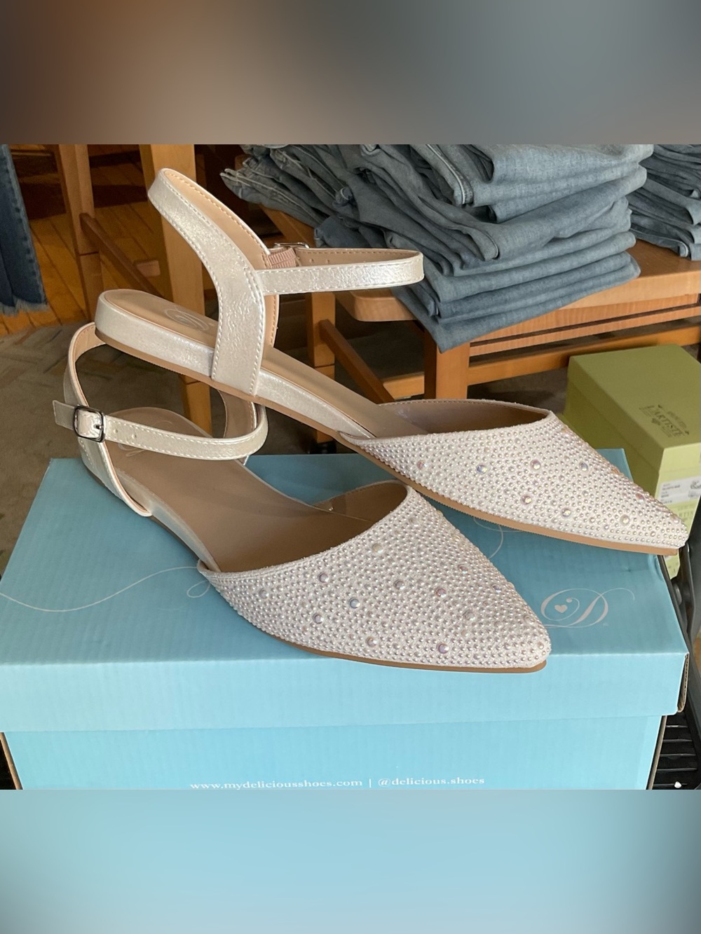 Delicious Pearl-Embellished Pointed Slingback Flats in Cream